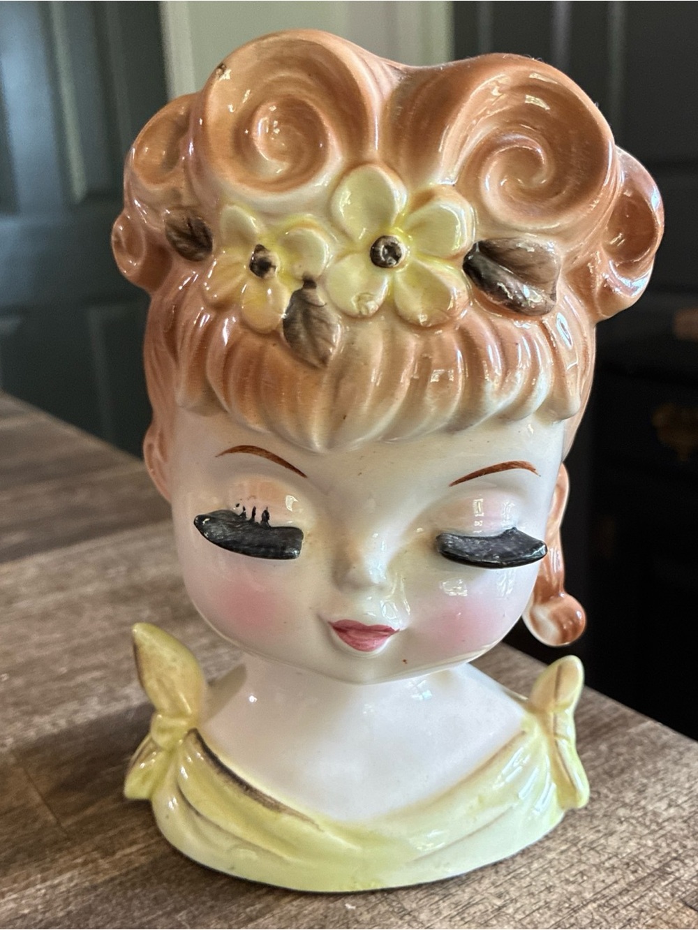Vintage Peach and Yellow Ceramic Lady Head Vase